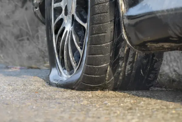 Close-up of a flat, deflated tire on an alloy wheel of a dark car resting on wet asphalt.